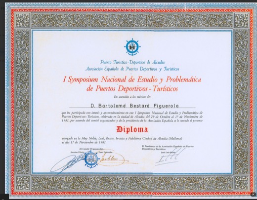 Diploma entregado a los asistentes del I Symposium Nacional de Puertos Deportivos-Turísticos, 1981