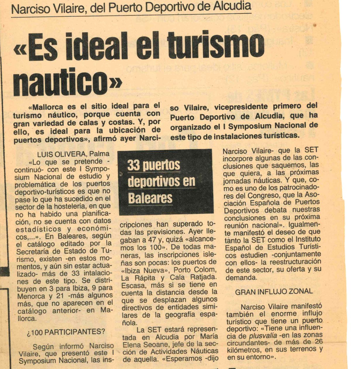 Recorte del diario El Día del 25 de octubre de 1981: entrevista a Narciso Vilaire sobre el I Symposium Nacional de Puertos Deportivos-Turísticos