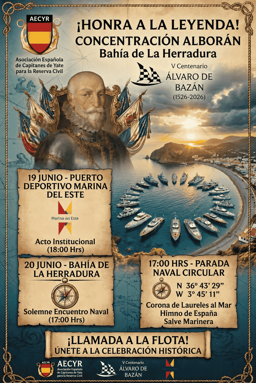 Marina del Este colabora con el homenaje al almirante Álvaro de Bazán promovido por la Asociación Española de Capitanes de Yate para la Reserva Civil